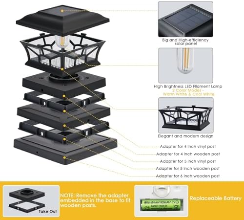 2 Pack Solar Post Cap Lights Outdoor Waterproof, Dual Light, Black - Image 5