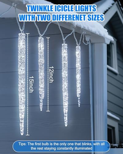 Minetom Christmas Icicle Lights - 2 Pack Total 200 LED 40 Tubes Twinkling Crystal Icicle String, Connectable Waterproof Hanging Christmas Lights Plug in for Winter Eave Holiday Outdoor Decoration - Image 3