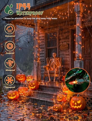 Hopolon Orange Halloween Lights, 13 FT 50 Count Christmas Lights Green Wire - Image 4