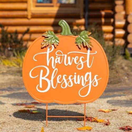 Glitzhome 24" H Fall Pumpkin Outdoor Decor, Metal Pumpkins Outdoor Decor, Fall Harvest Blessings Yard Stake Sign for Garden, Lawn, or Porch, Thanksgiving Autumn Metal Pumpkins Decoration - Image 7