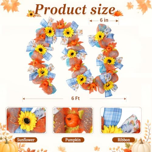 Fall Garland for Mantle 6FT Pumpkin Sunflower Mesh Autumn Decor - Image 4