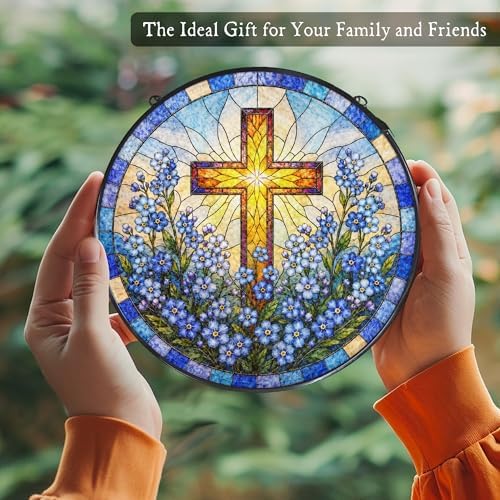 Cross Forget Me Not Stained Glass Window Hanging Garden Suncatcher - Image 5
