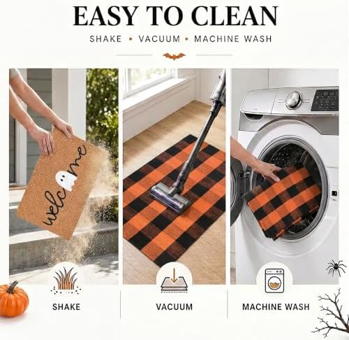 Halloween Decor Doormat Combo Set, Welcome Ghost Coco Coir Welcome Mat + 28" x 43" Orange and Black Plaid Rug, Autumn Halloween Front Porch Entryway Decor Floor Mat - Image 6