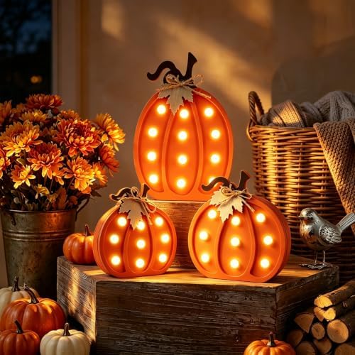 Fangoo 3pcs Wooden Fall Pumpkins Light Up Table Centerpieces Decor Pumpkin Block Table Signs Autumn Tabletop Decorations Rustic Thanksgiving Tiered Tray Farmhouse Harvest Halloween Home Shelf Decor - Image 6