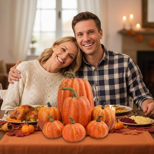 Geelin 7 Pcs Assorted Artificial Orange Pumpkins Harvest Decorative Faux Foam Pumpkins for Farmhouse Rustic Fall Thanksgiving Tabletop Centerpiece Mantel Shelf Kitchen Decoration - Image 5
