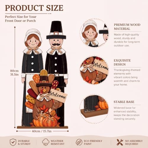 Threehoney 31.5" Thanksgiving Pilgrim Couple with Turkey Porch Sign, Farmhouse Wooden Pumpkin Welcome Signs Rustic Standing Fall Harvest Front Porch Decor for Autumn Outdoor Indoor Yard Garden - Image 3