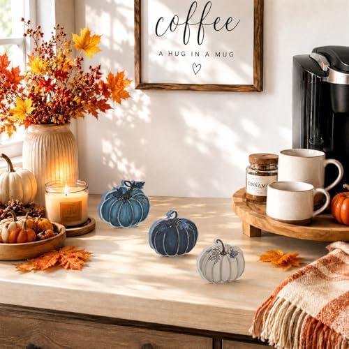 Smile Fall Wooden Decor Set 3-Piece Blue Tone Pumpkin Tabletop Signs for Autumn Harvest Home Decor - Image 3