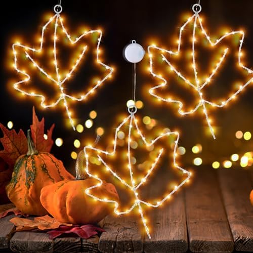 (New) Cerflyer Fall Decoration, Thanksgiving Window Lights with Suction Cup, Metal Frame Maple Leaf Silhouette Lights for Window Wall Home Fall Thanksgiving Décor, Battery Operated - 3 Pack by cerflyer