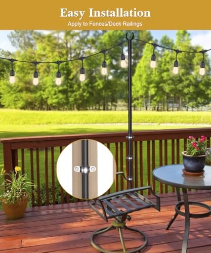 10Ft String Light Poles for Fence & Deck Railing, Outdoor Light Stand with Fence Brackets, Heavy-Duty Metal Poles for Backyard, Garden & Patio Party Lighting, Rustproof & Adjustable - Image 4