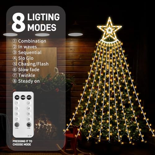 350 LED Christmas Decorations Star String Lights Waterproof Waterfall StarLights 8 Light Modes Remote & Timer,Waterproof Seasonal Lighting Decor for Home Xmas Tree Yard Wedding Party (Warm White) - Image 5