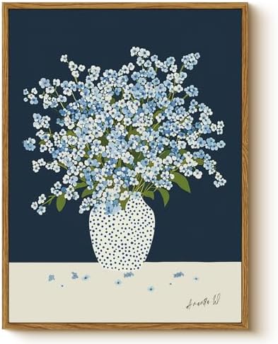 Vintage Framed Floral Wall Art 12x16, Blue White Baby’s Breath Flower in Polka Dot Vase Print, Minimalist Modern Nordic Botanical Canvas Artwork, Entryway Bedroom Kitchen Office Decor by WHASAYART