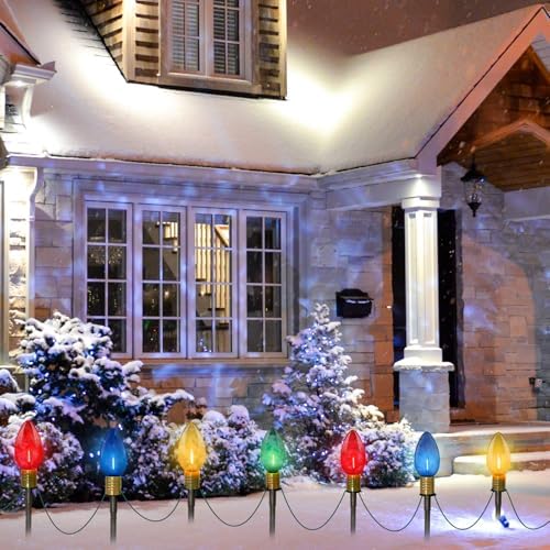 Abeja 2 Pack 7Ft C9 Outdoor Pathway Lights, Outdoor Christmas Pathway Markers Stakes Lights with 8 Jumbo C9 Multicolor LED Bulbs, Connectable Christmas Yard Decoration for Driveways Garden Holiday - Image 7