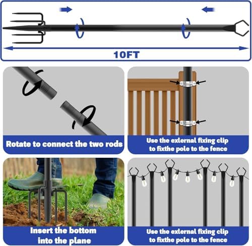 10 Pack 10 ft Heavy Duty Metal String Light Poles Adjustable Outdoor Lighting Stand for Patio,Backyard,Garden,Party & Wedding Rustproof & Sturdy with Hooks - Image 7