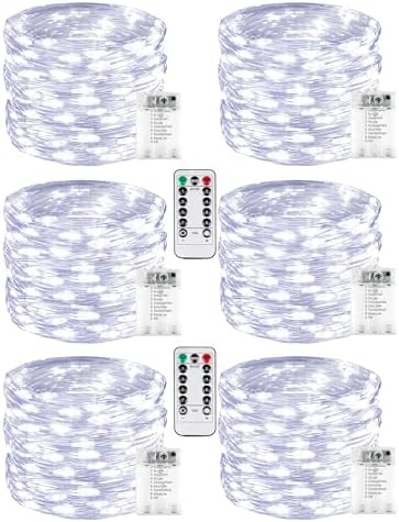 6 Pack 60 LED Fairy Lights Battery Operated with Remote, 20 FT Cool White by BOSSERN