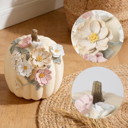 DiliComing Fall Pumpkin Décor Halloween Decorations - 9 Inch Creamy White Resin Pumpkins for Decorating Handmade Floral Carvings for Mantel Tabletop Shelf Indoor Outdoor Autumn Thanksgiving Gifts - Image 5