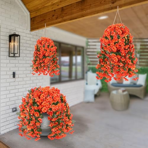 Sggvecsy Artificial Fake Hanging Flowers Plants for Outdoor Outside Spring Summer Decoration 4PCS Faux Silk UV Resistant Realistic Morning Glory Trailing Vines for Home Porch Patio Balcony(Orange) - Image 6