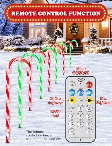 ZHAHA Solar Christmas Pathway Lights Outdoor Decorations, Solar Candy Cane Lights for Yard Patio Garden Walkway with 8 Light Mode, Remote, Timer, 48 LED, Upgraded Christmas Outdoor Decorations, 8 Pack - Image 6