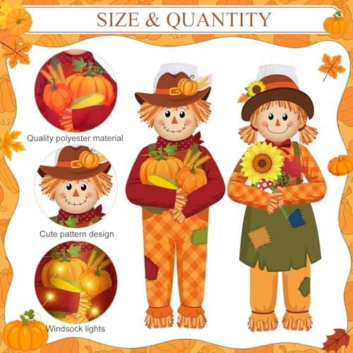 Blosssound 2 Pcs Fall Scarecrow Windsock LED Lights, Outdoor Yard Decor - Image 3