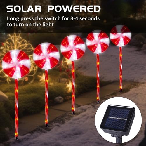 BRIGHTDECK Lollipop Solar Christmas Pathway Lights Outdoor, 5 Pack LED Christmas Decor with 8 Lighting Modes, Light Up Solar Stake Lights for Holiday, Xmas, Walkway, Sidewalk (Red, 5Pack) - Image 3