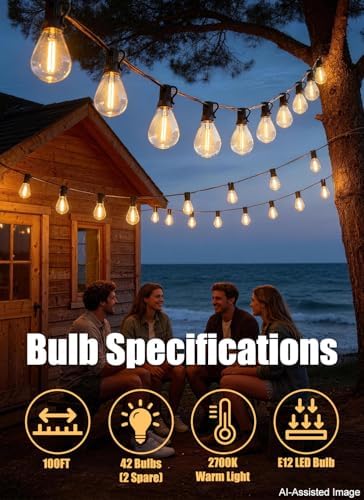 100FT Outdoor String Lights Waterproof with 40+2 Shatterproof S11 LED Bulbs, Extra Long Patio Lights Outdoor Waterproof for Backyard, Bistro Lights Outdoor, LED Lights for Outside, Cafe Lights - Image 2