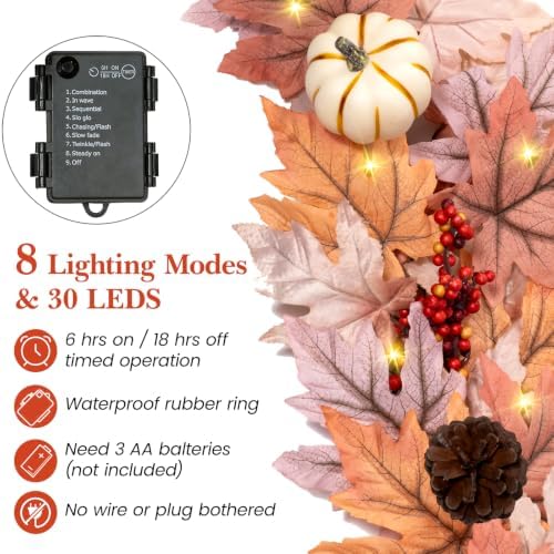 6 FT Fall Garland with 30 Lights & 8 Modes Timer, Pre-lit Lifelike Lighted Fall Maple Leaves Garland with Pumpkin Berries PineCones, Battery Operated Autumn Garland Decor for Mantle Table Thanksgiving - Image 3