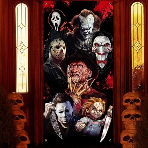 Halloween Scary Door Cover - Classic Horror Movie Character Banner for Party Photo Background - Creepy Killer Decorations for Front Door, Indoor Porch Decor by Poncpis