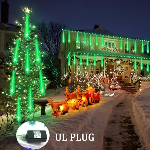 Weepong Halloween Lights Outdoor, Meteor Shower Christmas Lights for Halloween Decorations, 8 Tube 192 LED Snow Falling Rain Icicle String Light for Xmas Christmas Decor Tree Party, UL Plug Green - Image 3