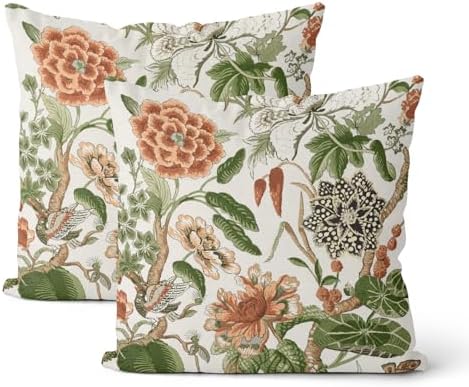 Sage Green Boho Pillow Covers 20x20 Inch 2 Pcs Chinoiserie Burnt Orange Floral Bird Decor Throw Pillows Vintage Flower Seasonal Outdoor Farmhouse Pillowcase Linen Cushion Cover for Couch Sofa by DAFENA