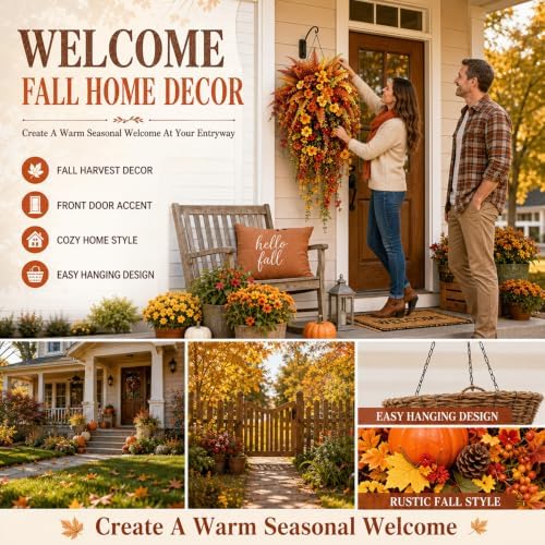 Artificial Fall Harvest Hanging Basket - Autumn Porch & Door Decoration, UV-Resistant Waterproof Faux Fall Flowers, for Doors, Porches, Mantels, Garden & Weddings (1PCS) - Image 5
