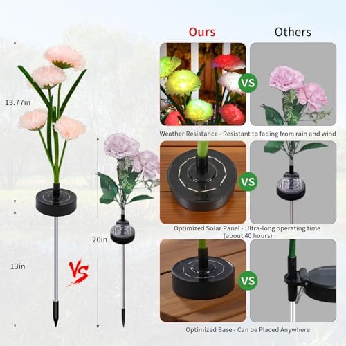 Solar Flowers Lights - Solar Garden Lights Outdoor Waterproof Carnations, 40 Hours Color Changing Solar Powered Outside Decor for Yard Patio Pathway Lawn, Gifts for Mom, 2pcs - Image 3