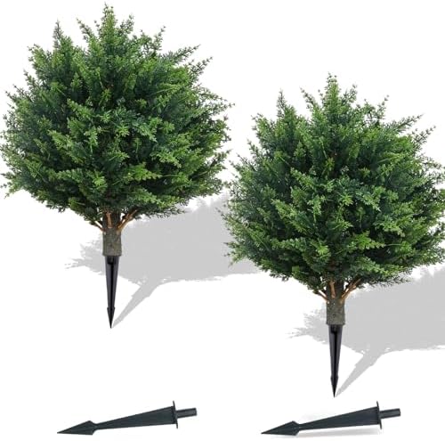 PATIO CHOICE Topiary Trees Artificial Outdoor Cedar Ball Trees with Ground Spike Set of 2 22" Fake Outdoor Plants Faux Bushes and Shrubs Decorations for Outdoor Indoor Front Porch Garden by LittleBeaver