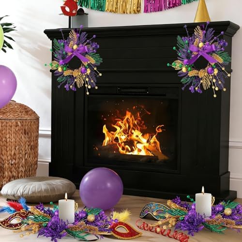 6 PCS Mardi Gras Purple and Green Glitter Mini Cabinet Wreaths for Front Door Carnival Party Decor Wreath Mardi Gras Hanging Garlands Candle Rings for Front Door Home Window Chair Wall Indoor Outdoor - Image 4