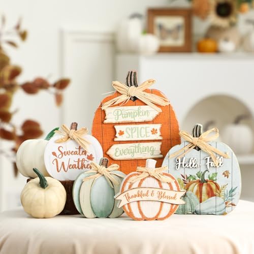 5 Pcs Fall Pumpkin Decor for Home Light Green Fall Wooden Table Centerpiece - Image 2