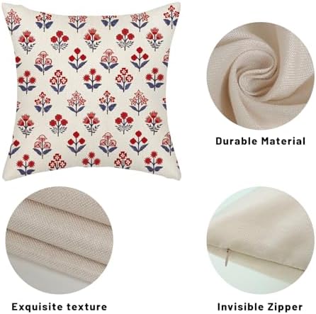 4th of July Pillow Covers 20x20 Inch 2 Pcs Red Blue Block Print Vintage Floral Patriotic Outdoor Decor Throw Pillows Memorial Day Holiday Decoration Pillowcase Linen Cushion Cover for Couch - Image 7