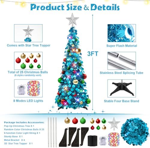 N&T NIETING Pop Up Christmas Tree with Lights & Ornaments, Blue, 3FT - Image 3