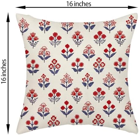 4th of July Pillow Covers 16x16 Inch 2 Pcs Red Blue Block Print Vintage Floral Patriotic Outdoor Decor Throw Pillows Memorial Day Holiday Decoration Pillowcase Linen Cushion Cover for Couch - Image 6