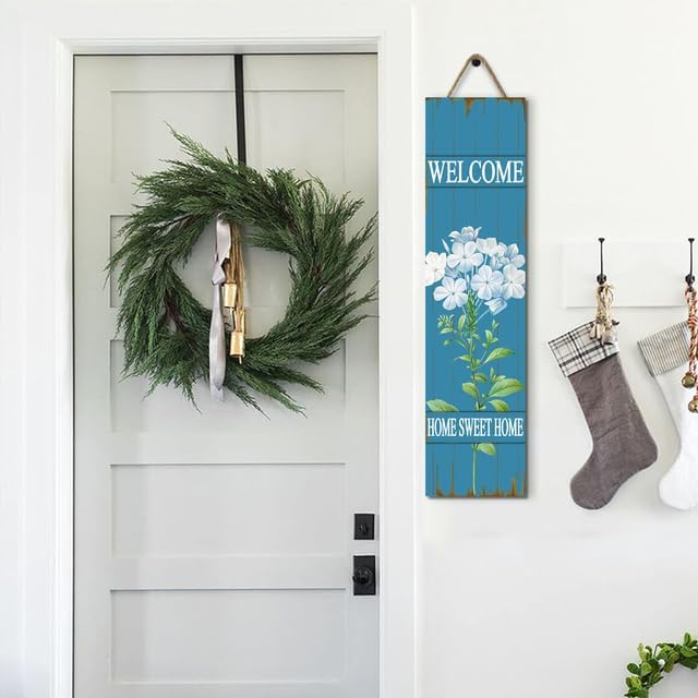 Hydrangea Welcome Wood Porch Sign 31.5inx7.8in Spring & Summer Blue Porch Sign, Summer Sring Decorations for Standing Hanging Home Front Door Yard Party Decor Indoor Outdoor Decor - Image 3