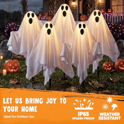 JOYIN 5 Packs Halloween Solar Ghost Lights Outdoor Decorations, Yard Stake Spooky Decorations Ghosts, Warm White Solar Powered Lights with Arms for Yard, Garden Pathway, Porch & Haunted House Decor - Image 6