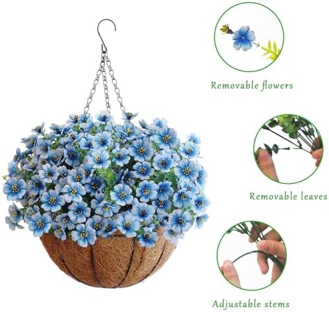 Artificial Hanging Flower Plants with Pot Planter, 12 Bundles Fake Flowers Uv Resistant Artificial Outdoor Flowers for Spring Summer Yard Porch Patio Garden and Home Decoration - White Blue - Image 3