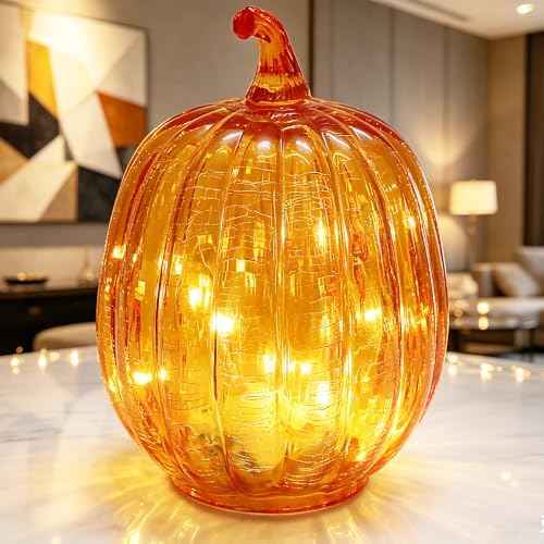 Fall Decorations for Home,Crackled Glass Pumpkin lights with Timer (Gold) - Image 4