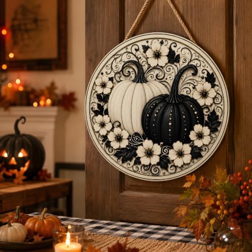 Fall Decor - Black and White Pumpkin Wreath Door Sign for Front Door - Image 5