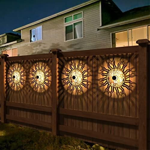 gardencave 2 Pack Solar Fence Lights Metal Solar Powered Outdoor Wall Deck Lights Sun Moon Theme Waterproof Fence Light for Garden Post Patio Backyard Yard Decor (Face, 2 Pack) - Image 3