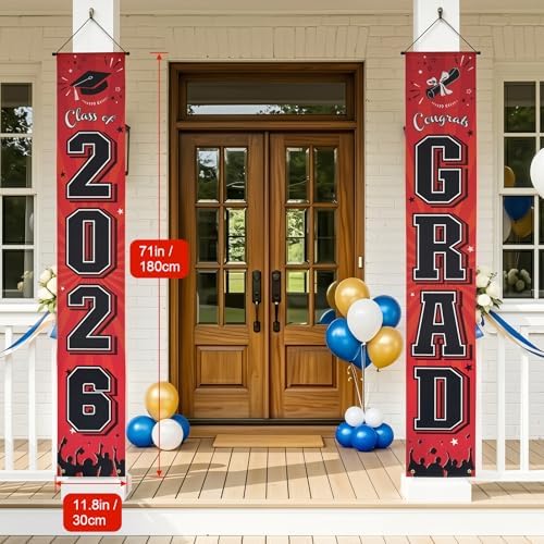 OLANRUN 2026 Graduation Decorations, Graduation Banner Red Class of 2026 for Graduation Party Decorations, Congrats Grad Banner for High School College Indoor Outdoor Door Porch Decor, 11.8×71 Inch - Image 2
