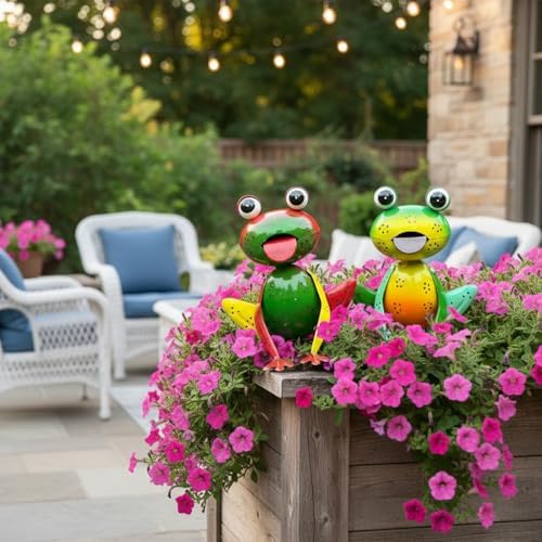 Metal Garden Decor for Outside Set of 2 Cute Small Frogs - OutdoorGarden Sculptures & Statues, Patio Lawn Backyard Fence Porch Decor, Metal Yard Art Ornaments, Garden Gifts for Mom Women Grandma - Image 3