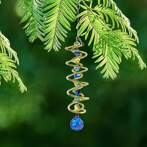 FONMY Gazing Ball Spiral Tail Decorative Wind Spinner Sun Catcher Rainbow Maker Golden Double-Spiral W/Sea Blue Crystal Ball and Chain Crystals for Indoor Outdoor Garden Decoration -14 inch H - Image 7