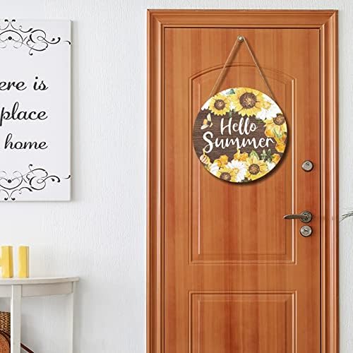Hello Summer Sign 12 x 12 Inch Summer Themed Sunflower Welcome Sign Front Door Decor Farmhouse Porch Decoration Sunflower Round Wooden Hanging Sign for Home Garden Farmhouse Yard - Image 5