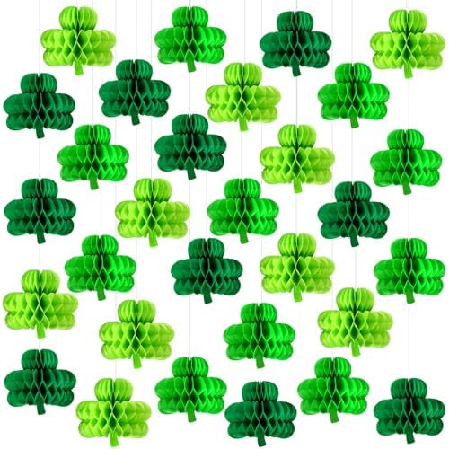 Gueevin 30 Pcs St Patricks Day Hanging Decorations St. Patrick's Day Honeycomb Balls Shamrock Honeycomb Paper Irish Ceiling Decor for Table Centerpiece Birthday Home Spring by Gueevin