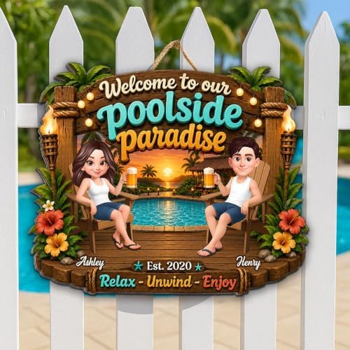Personalized Welcome To Our Poolside Paradise Summer Wood Sign, Relax Enjoy Sipping Grilling Chilling Sign, Gift For Couple, Husband, Wife, Summer Porch, Patio, Bar Decoration - Image 2