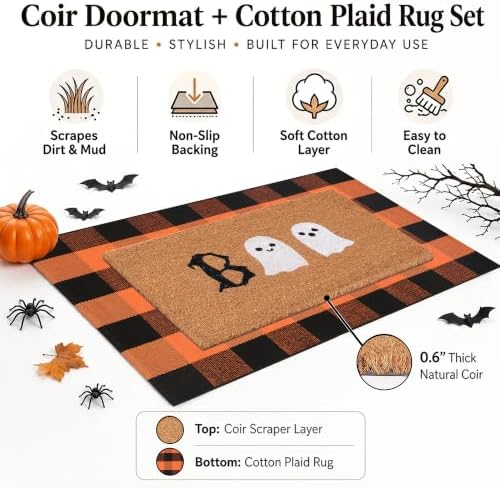 Halloween Door Mat Combo Set, Boo Ghost Coco Coir Welcome Doormat + 28" x 43" Black and White Plaid Rug, Autumn Halloween Front Porch Entryway Decor Floor Mat - Image 2