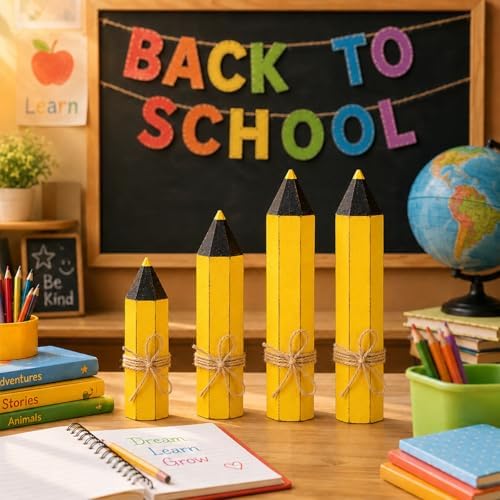 Yousoontic 4 Pcs Back to School Table Decor Wooden Pencil Block Signs Rustic Farmhouse Wood Pencil Tabletop Centerpieces for The First Day of School Home Classroom Desk Shelf Tiered Tray Decor - Image 3